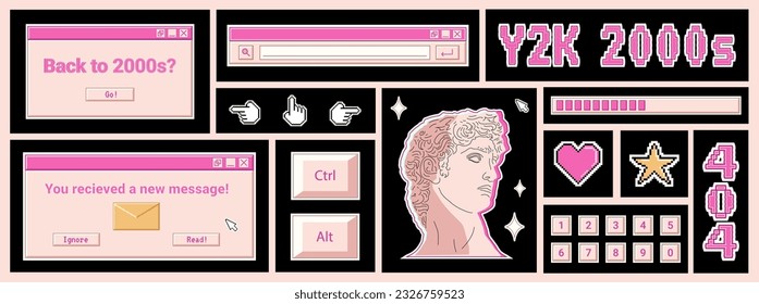 Trendy Y2K banner with retro stickers, computer windows, pixel elements, greek statue, vintage keyboard buttons and numbers.