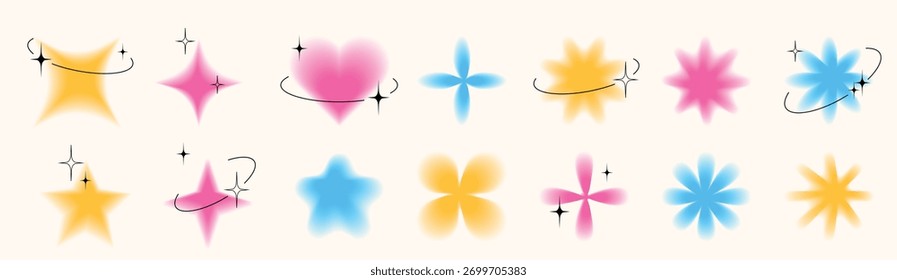 Trendy Y2K blurred objects, flowers, stars, heart and sparks. Group of retro graphic design elements with decorative stars and black frames.