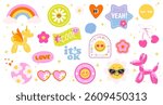 Trendy Y2K and boho-style vector sticker set. Bright rainbows, smiley faces, balloon animals, hearts, and fun quotes — perfect for adding positive vibes to stories, blogs, or fashion designs. 