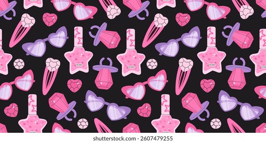 Trendy Y2K dark seamless pattern with stylish accessories like heart-shaped sunglasses, jewelry, nail polish, and sparkling elements. Nostalgic and glamorous design for fashion and beauty themes.