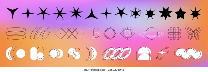 Trendy y2k elements on gradient bg - wavy shapes, eye icon with butterfly and sparkle stars for retro aesthetics. Checkered patterns, space orbits, chain links and crescent moons for nostalgic designs