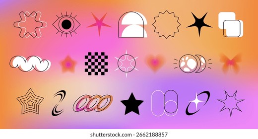 Trendy y2k elements on gradient bg - wavy shapes, eye icon with arch and sparkle stars for retro aesthetics. Checkered patterns with bubbles, chain links and crescent moons for nostalgic designs.