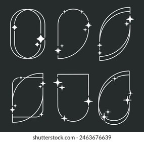 Trendy y2k frames. Modern minimalist abstract shapes with stars and sparkles, y2k aesthetic shapes flat vector illustration set. Outline arch frames