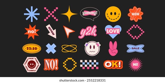 Trendy Y2K Futuristic Sticker Set with Funny Playful Graphics. Retro modern nostalgia elements like sparkle, star, face, text bubble, cross, peace sign, arrow in funky hipster groovy grunge 90s style.