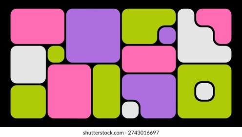 Trendy Y2K Geometric Bento Grid Layouts. Futuristic Naive Shapes, Brutalist Blocks, Web Frames, UI Panels, And Modular Grid Design Elements.