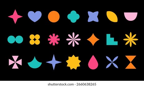 Trendy y2k geometric simple flat shapes set isolated on black background, vector illustration. The 70s, 80s, groovy, hippie vibes. Bright colorful design elements for motion design. Pop art bg