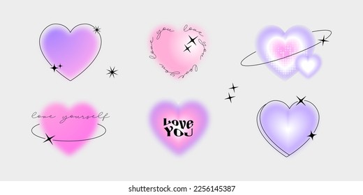 Trendy y2k girly blurred gradient hearts  Retro groovy hearts  soft pastel aura texture  Vector illustration for poster design  social media  valentine day card  cool romantic background