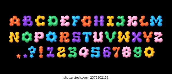 Trendy Y2K glossy 3D bubble font with inflated balloon English letters and numbers. Multicolored flower bloom shaped vector alphabet for 2000s and 90s designs svg
