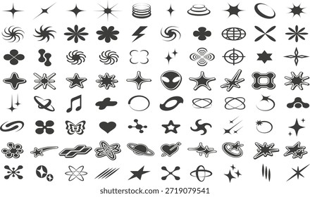 trendige Y2K-Grafikdesign-Elemente, Vektorsammlung abstrakter Symbole, funkelnder Sterne und Retro-Futuristik-Formen einzeln 