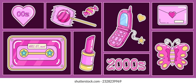 Grupo de moda Y2K de objetos retro nostálgicos, teléfono móvil de los años 2000, cinta de audio, dulce y lollipop, lápiz labial, corazones y mariposa.