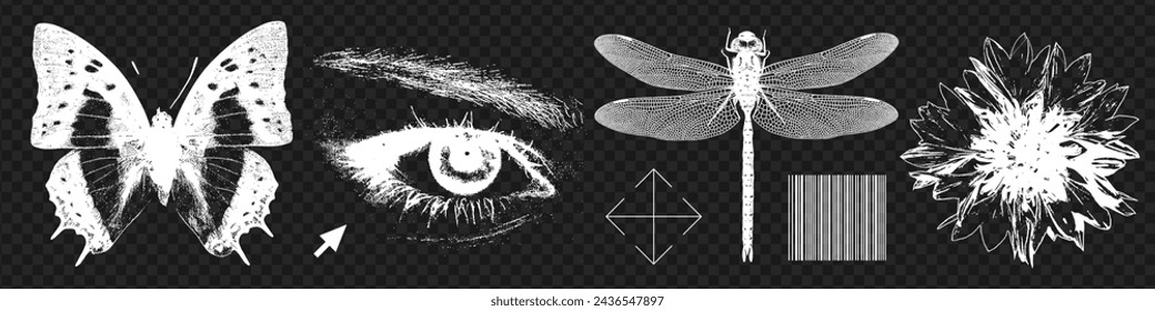 Trendy y2k grunge elements set with a retro photocopy effect. Rough textured butterfly, eye, dragonfly, flower for collage design. Vector black and white illustration.