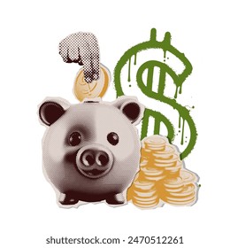 Trendy y2k halftone collage of hand putting coin into piggy bank. Grunge paper stickers of financial planning. Vector isolated illustration.