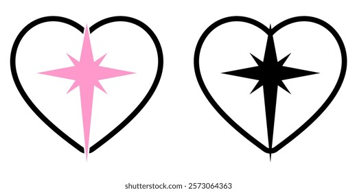 Trendy Y2K Heart and Star Vector Illustration, Set in Retro Futuristic Style, geometric brutalism shapes, Hipster Digital Art, Graphic Design, Stickers and Branding Projects