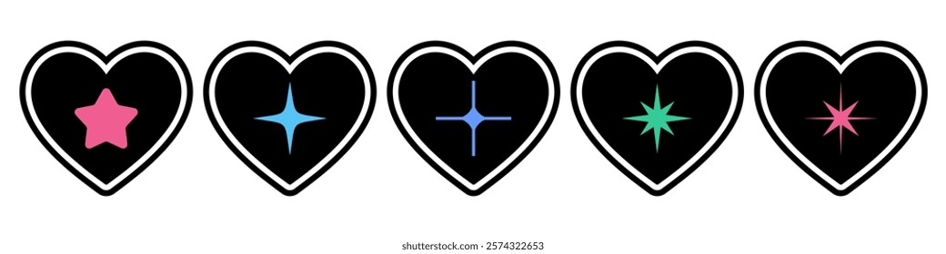 Trendy Y2K Heart and Star Vector Illustration, Set in Retro Futuristic Style, geometric brutalism shapes, Hipster Digital Art, Graphic Design, Stickers and Branding Projects