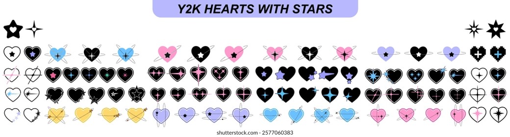 Trendy Y2K Heart and Star Vector Illustration, Set in Retro Futuristic Style, geometric brutalism shapes, Hipster Digital Art, Graphic Design, Stickers and Branding Projects