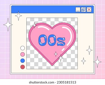 Trendy Y2k illustration of a retro computer window with cute pink heart, retro postcard, banner in 2000s aesthetic.