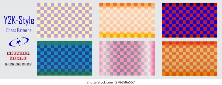Trendy Y2K inspired Checkerboard Background set featuring retro gradients, geometric grids, nostalgic early 2000s aesthetic. Marble checkerboards with gradient frame in hippie 70s style diner pattern