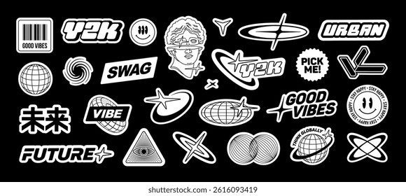 Trendy Y2k logotypes and emblems in cyberpunk style for clothes print design. Vintage futuristic japanes stickers set in Techno Rave style. Retro Asian 90s - 2000s apparel signs (set 4)