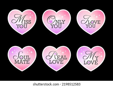Trendy y2k love stickers pack. Cool girly patches collection. inspirational groovy love slogans for graphic tee