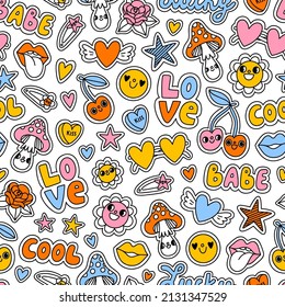 Trendy y2k millennial stickers, retro 70s style pattern with mushroom characters, smiling flowers, stars and kisses confetti, vector seamless pattern