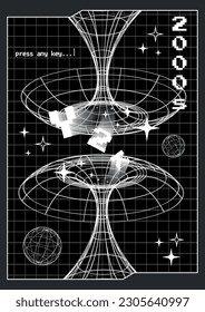 Trendy Y2K poster with 3d vector tunnels and stars on a grid background. Vertical banner in 2000s aesthetic.