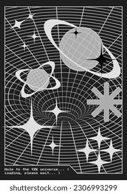 Trendy Y2K poster with 3d vector tunnel, planets, symbols and stars. Vertical banner in 2000s vintage aesthetic.