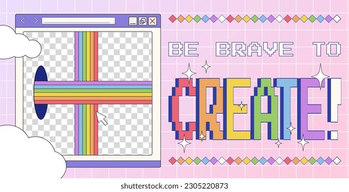 Trendy Y2K poster with retro computer window with rainbow and portals, futuristic motivational banner in 2000s aesthetic.
