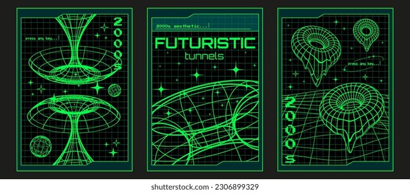 Trendy Y2K posters with 3d vector tunnels, forms and stars on a grid background. Vertical banners in 2000s aesthetic.