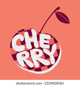 Trendy y2k print with checkered cherry hand drawn lettering. Decorative cute retro graphic vector print with cherry for t-shirt and other