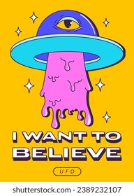 Trendy Y2K psychedelic poster with UFO. Trippy eyes, and crazy modern quotes. Vector illustration.