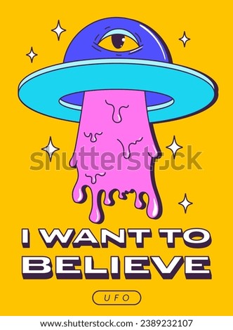 Trendy Y2K psychedelic poster with UFO. Trippy eyes, and crazy modern quotes. Vector illustration.