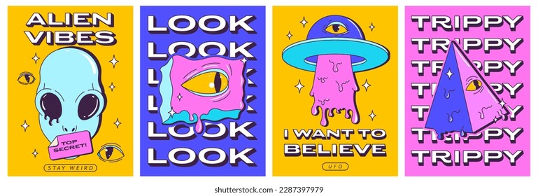 Trendy Y2K psychedelic posters set with alien characters and UFO. Trippy eyes, and crazy modern quotes. Card, invitation, stories template. Front and back side poster design. Vector illustration.