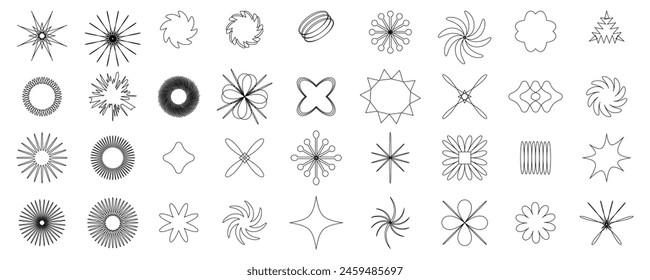 Trendy Y2K Retro Badges Vector Design. Set of abstract hand drawn geometric starburst isolated on white background.