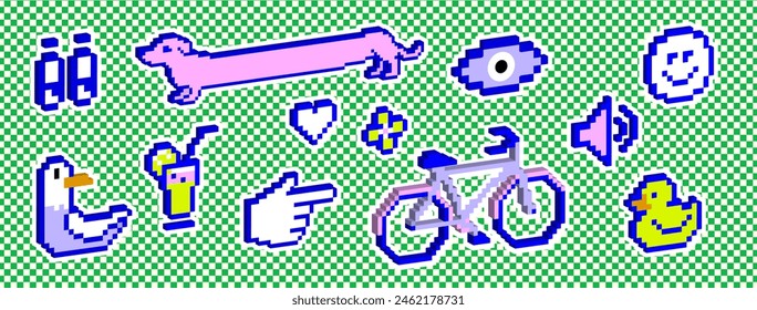 Trendy Y2k retro sticker pack. Naive playful pixel shapes. Comic style and Cyber aesthetic. Voxel artCheckered background. Bicycle, rubber duck, seagull, dog, eyes, hand cursor