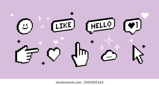 Trendy Y2k retro sticker pack in 3D pixel art. Voxel art. Pointing hand click icon. Smile, like, speech bubble Hello, heart, hand cursor, cursors icons click. Geometric simple shapes. Mood of 90's