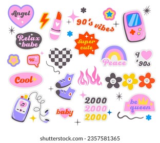 Trendy Y2K retro sticker set, girly vintage patch collection, glamorous 90s and 2000s style icon with cute lettering inscription, girlish item vector illustration. Groovy art, creative design element