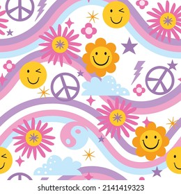 Trendy y2k seamless pattern with retro style florals, smiling flowers, stars and cloud. Groovy psychedelic colorful background for textile, wallpaper, wrapping paper etc.