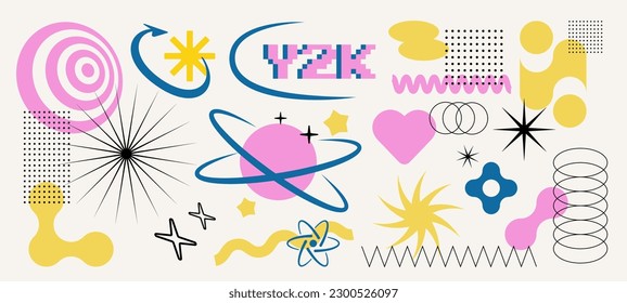 Trendy Y2K set of abstract retro elements, signs and symbols. Decorative vector objects in 2000s aesthetics.