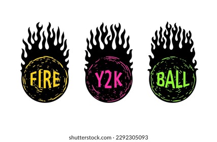 Trendy Y2K set of decorative fire balls. Simple monochrome silhouette of a ball with flames. Retrofuturistic vector stickers and design elements
