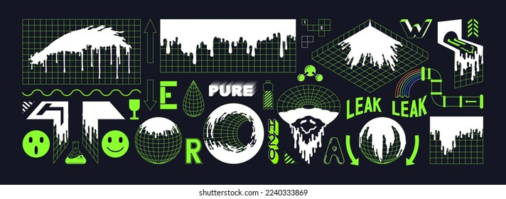 Trendy Y2K set of decorative liquid leakage and fluid forms. Silhouettes of spreading liquid, smudges and splashes on a 3D perspective grid. Retrofuturistic vector stickers and design elements