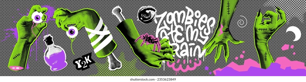 Trendy y2k set of halftone zombie hands. Routh grunge Vector illustration with curve monster hands for Retro Halloween celebration. Collection of cut out paper collage elements with graffiti lettering