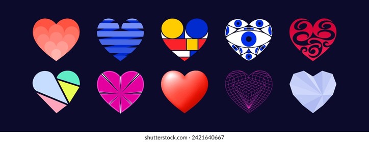 Trendy Y2K set of hearts. Retro graphics in the style of the 90s and 2000s. 10 unique icons variants. For decor, holiday and print. Vector template