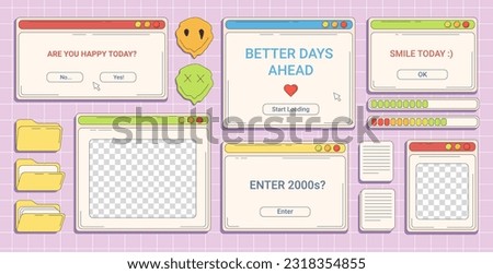 Trendy Y2K set with retro computer windows with copy space, folders, loading indicators and documents, 2000s retro open dialogue windows.