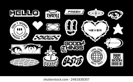 Trendy Y2K sticker illustration set. Retro 2000s text quote label collection. Funny futuristic tag with love heart, anime  cartoon and party message. Black and white gen z cyber style bundle.