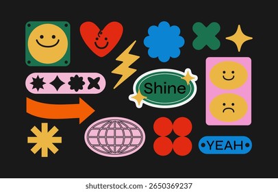 Consultado Em 14 De dezembro De 2013 "Trendy Y2K Sticker Set" . Ícones coloridos e groovy, formas abstratas, rostos sorridentes, setas retrô e tipografia funky. Estética nostálgica brilhante para projetos adolescentes, digitais e estilo de vida.