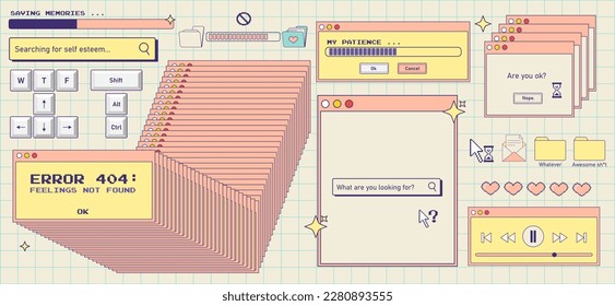 Trendy2k Aufkleber Set. Alte Computer ästhetik.Retro Benutzeroberfläche Fenster, Fehler, Schaltflächen für die Musiksteuerung. Nostalgie für die 90er bis 2000er Jahre.Vektorgrafik