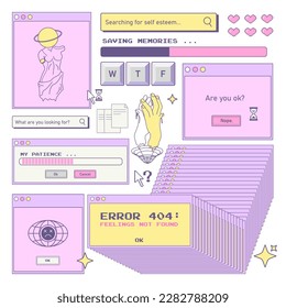 Trendy y2k sticker set. Old computer aesthetic.Retro user interface windows, errors and psychedelic greek sculpture. Nostalgia for 1990s -2000s.Vector illustration