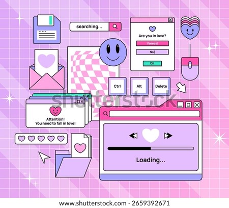 Trendy y2k sticker set. Old computer aesthetic.Retro user interface windows, errors, buttons	