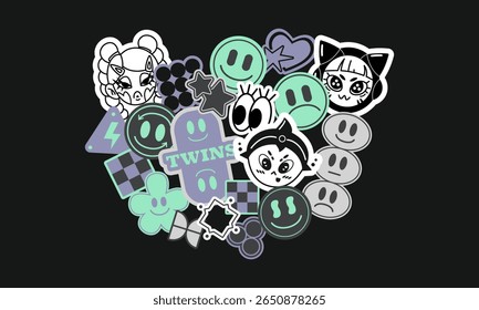 Trendy Y2K Sticker Set. Retro-inspired smiley faces, abstract shapes, stars, and funky characters in pastel colors.Perfect for digital designs,retro branding, and nostalgic projects.Futuristic sticker