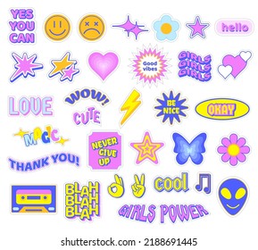 Trendy Y2K stickers. Cute girly patches, butterfly and glamour heart symbols. Retro stars, flowers and smiles vector set. Colorful elements as emoticons, alien, cassette and lightning